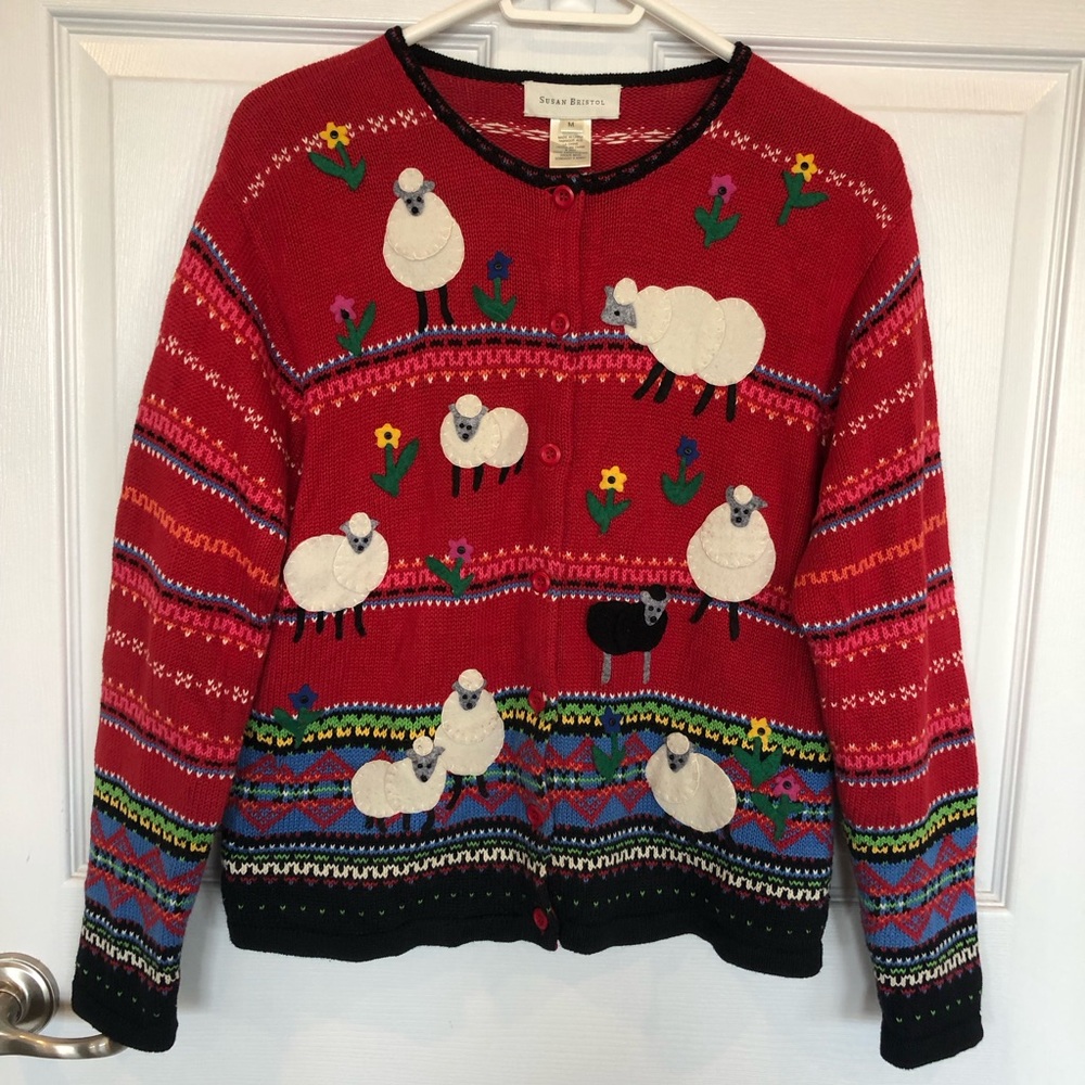 Susan Bristol knit cardigan Fairisle whimsical sheep and flower detail red M